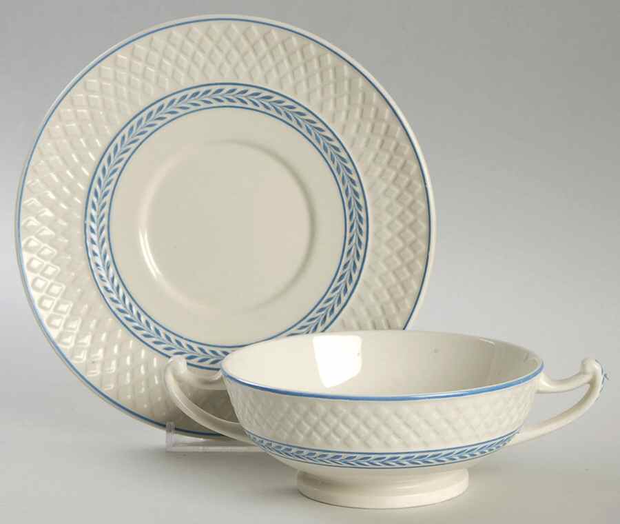 Elaine Blue (1290, Mansard) Footed Cream Soup Bowl & Saucer Set by Spode-1