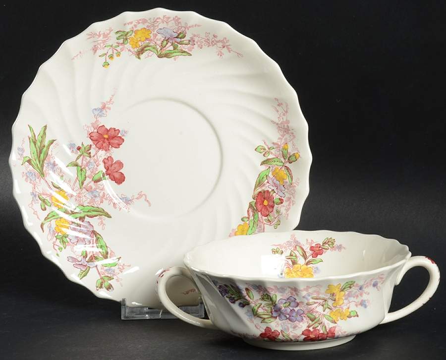 Fairy Dell Flat Cream Soup Bowl & Saucer Set by Spode-1
