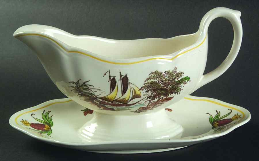 Fair Haven (Yellow Trim) Gravy Boat with Attached Underplate by Spode-1