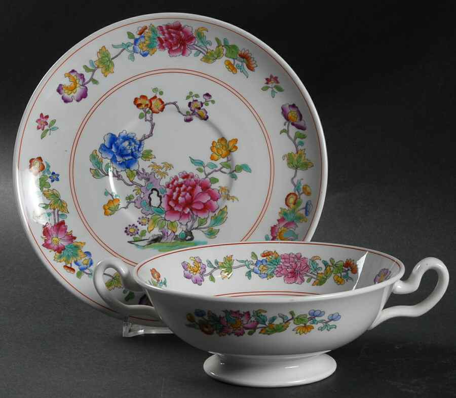 Famille Rose Footed Cream Soup Bowl & Saucer Set by Spode-1