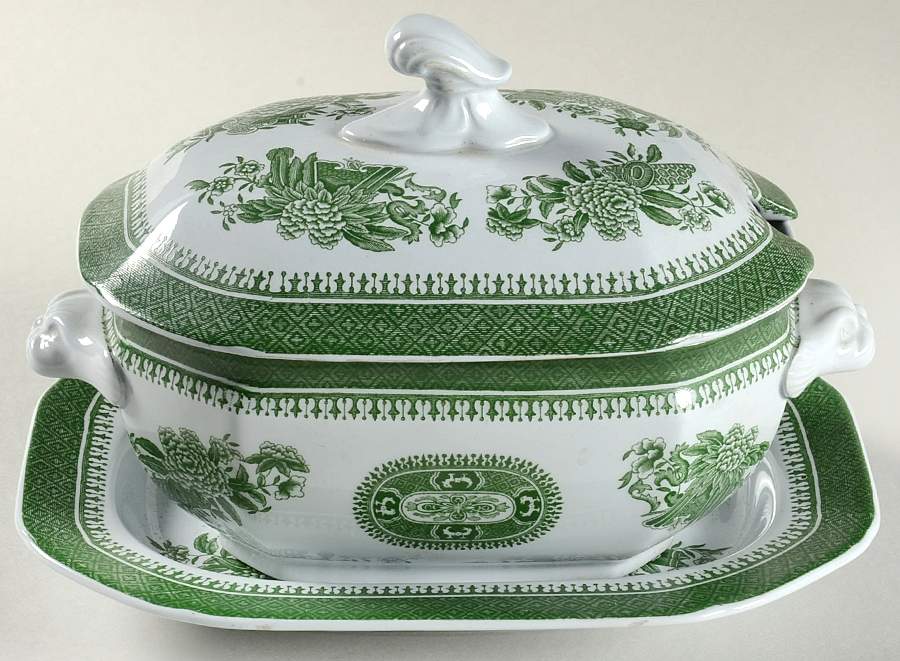 Fitzhugh Green Sauce Boat & Lid with Underplate by Spode-1