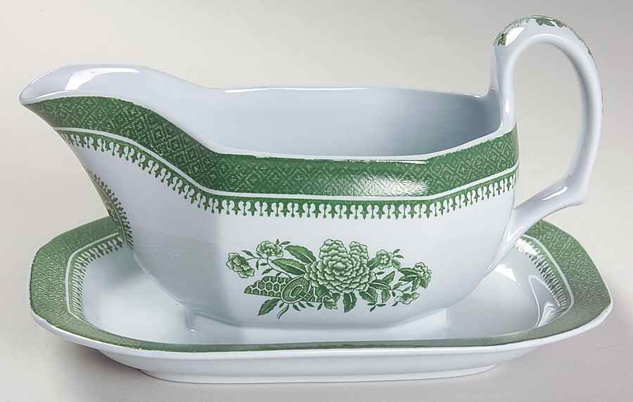 Fitzhugh Green Gravy Boat with Attached Underplate by Spode-1