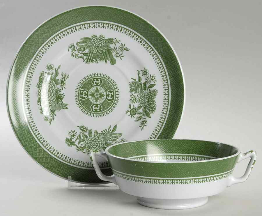 Fitzhugh Green Footed Cream Soup Bowl & Saucer Set by Spode-1