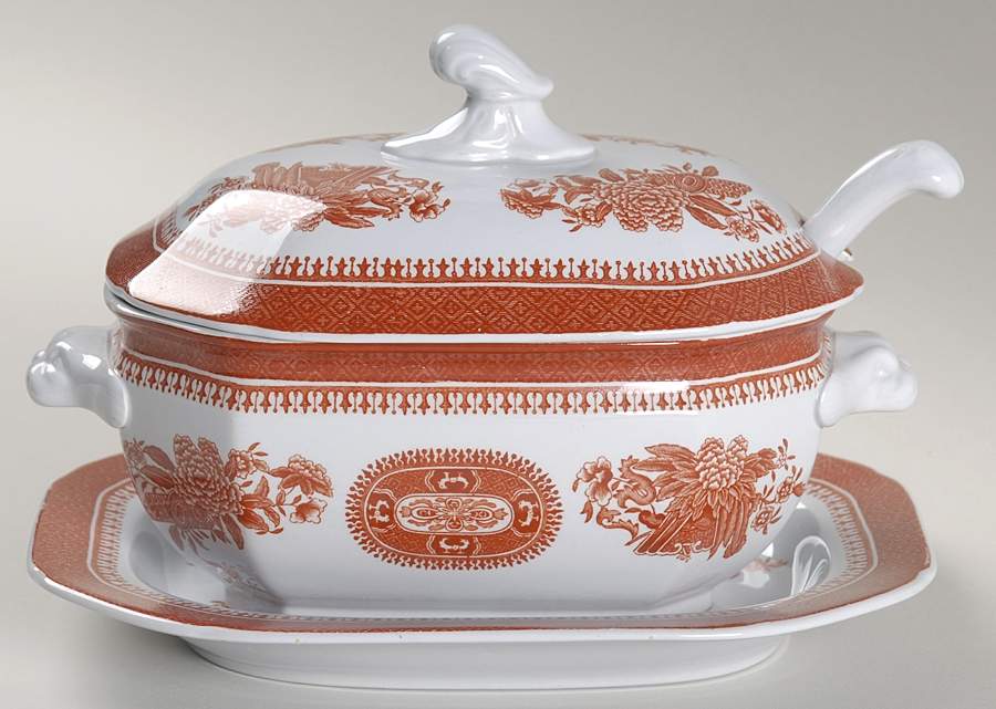 Fitzhugh Red Sauce Boat & Lid & Underplate & Ladle by Spode-1
