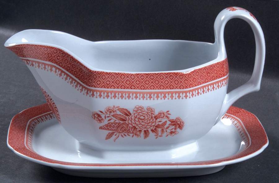 Fitzhugh Red Gravy Boat with Attached Underplate by Spode-1
