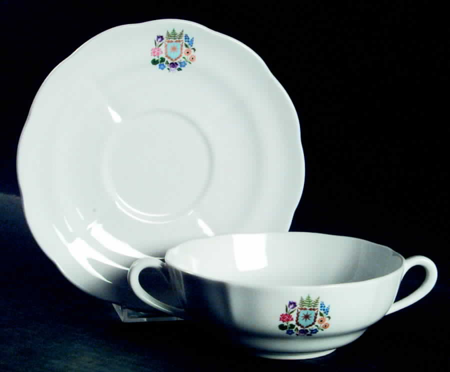 Floral Armorial Flat Cream Soup Bowl & Saucer Set by Spode-1