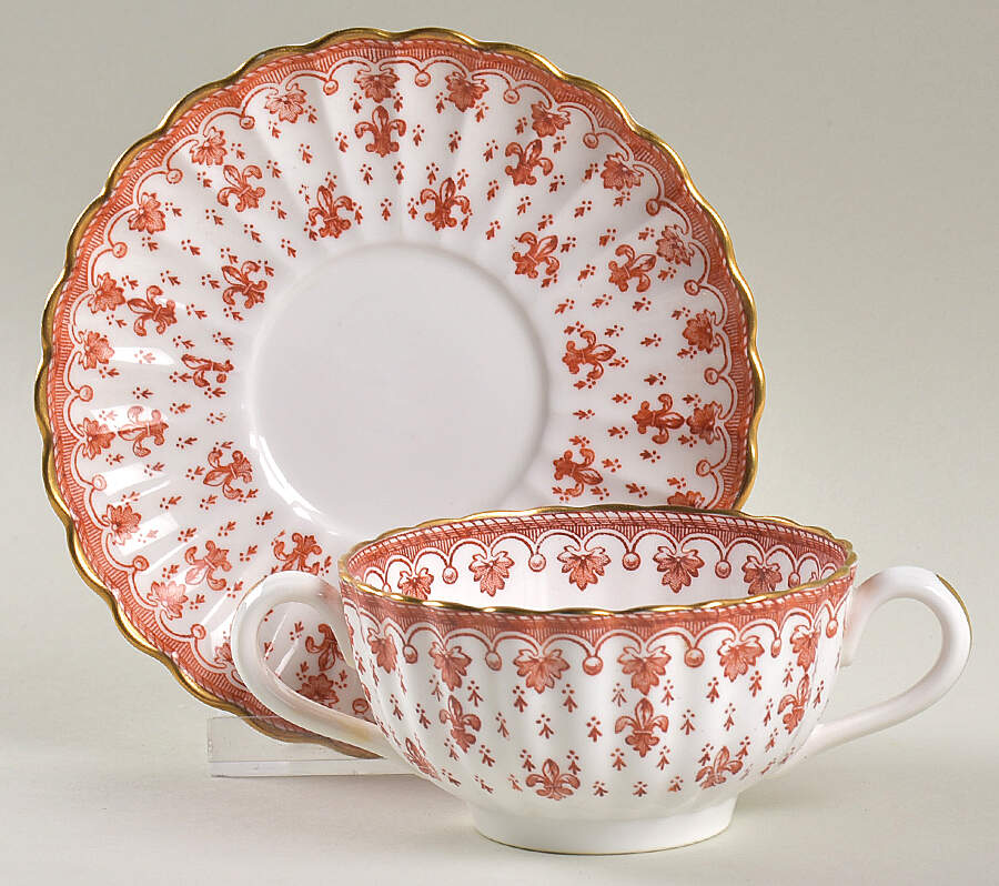 Fleur de Lys Red (4740, Gold Trim) Flat Bouillon Cup & Saucer by Spode-1