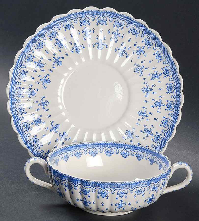 Fleur de Lys Blue (Earthenware, No Trim) Flat Cream Soup Bowl & Saucer Set by Spode-1