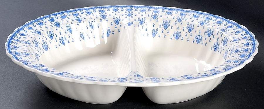 Fleur de Lys Blue (Earthenware, No Trim) 11" Oval Divided Vegetable Bowl by Spode-1