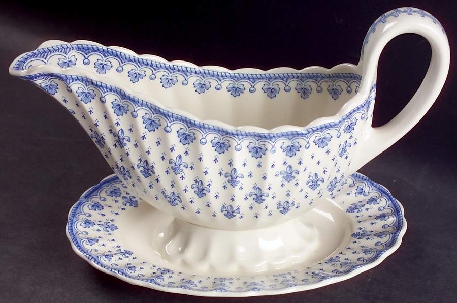 Fleur de Lys Blue (Earthenware, No Trim) Gravy Boat with Attached Underplate by Spode-1