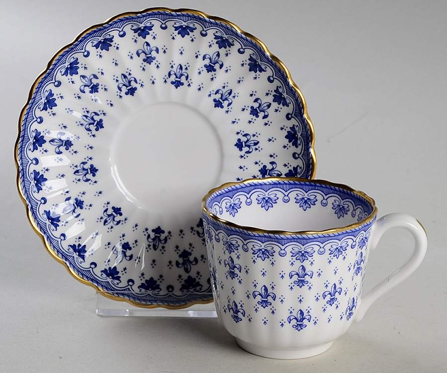 Fleur de Lys Blue (Bone, Gold Trim) Flat Cup & Saucer Set by Spode-1