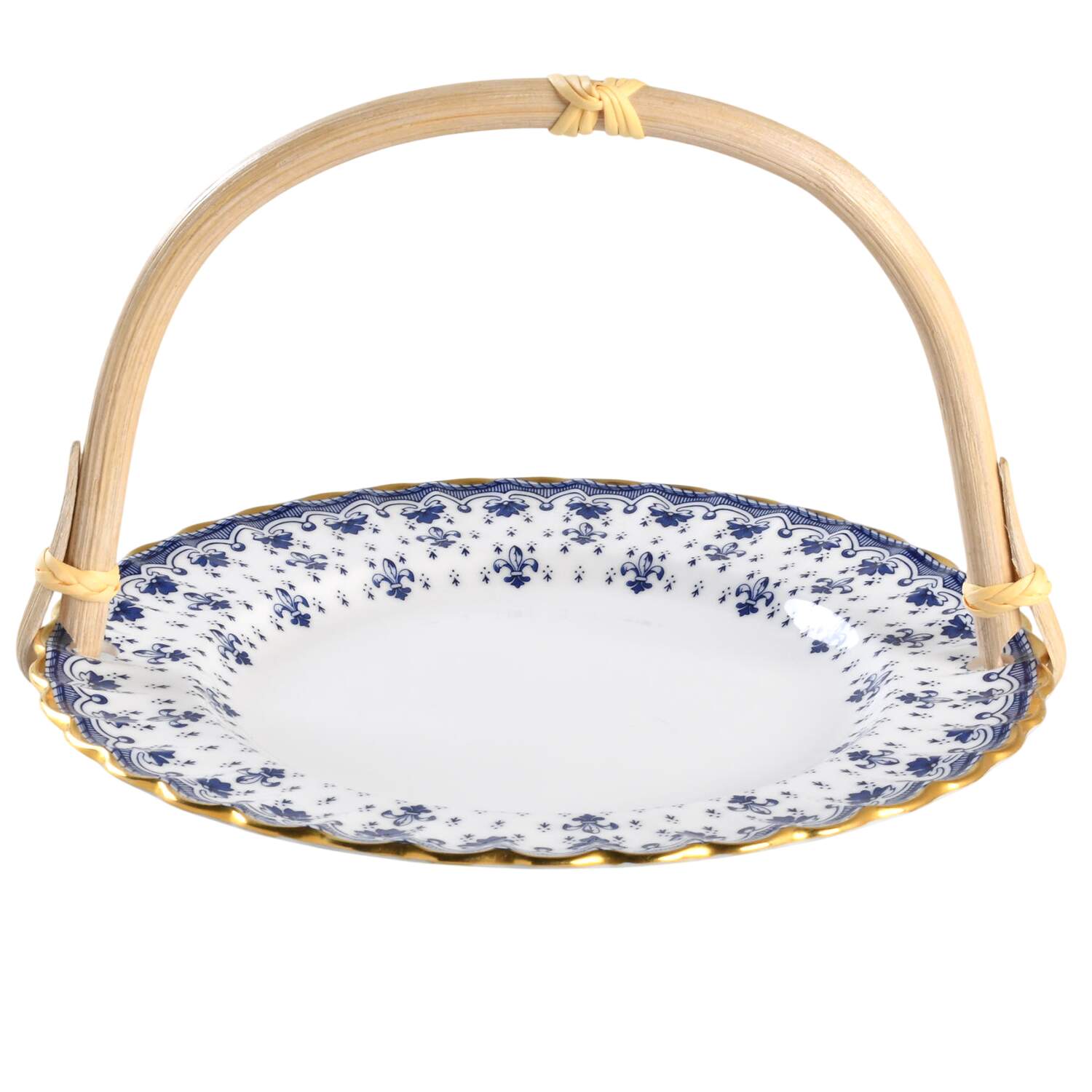 Fleur de Lys Blue (Bone, Gold Trim) 5 3/8"-5 5/8" Bamboo Handled Serving Plate  HC by Spode-1