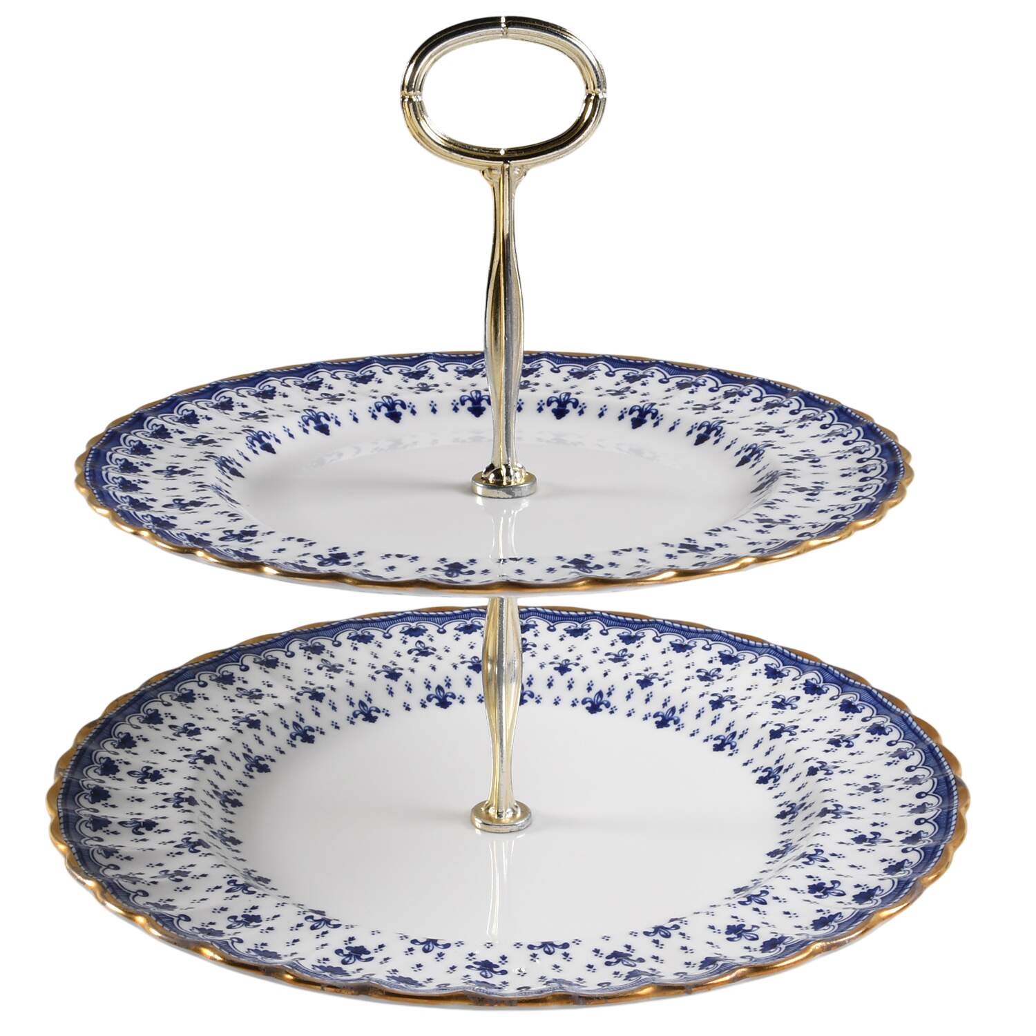 Fleur de Lys Blue (Bone, Gold Trim) 6 5/8"-10"  2 Tiered Serving Tray (Dp, Sp) HC by Spode-1