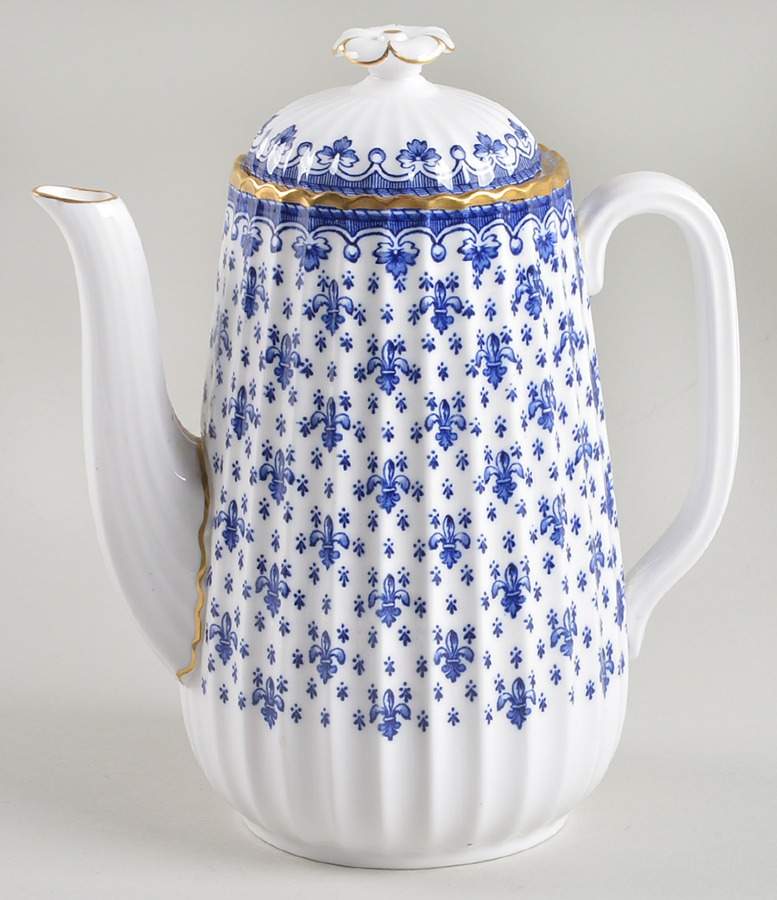 Fleur de Lys Blue (Bone, Gold Trim) Mini Coffee Pot & Lid by Spode-1