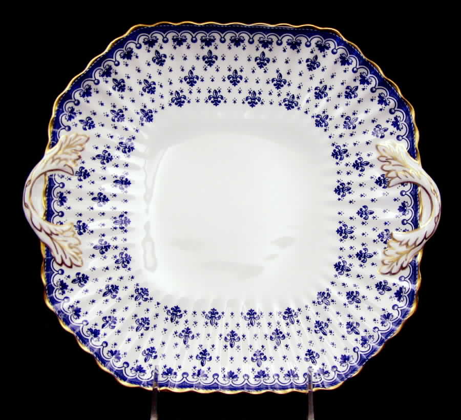 Fleur de Lys Blue (Bone, Gold Trim) Square Handled Cake Plate by Spode-1