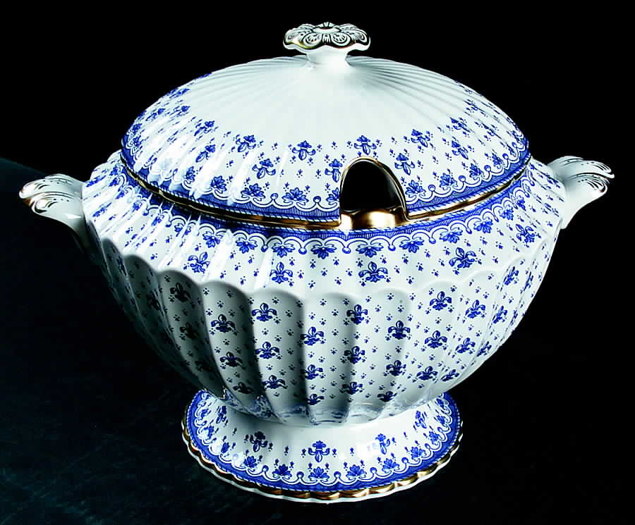 Fleur de Lys Blue (Bone, Gold Trim) Tureen &  Lid by Spode-1