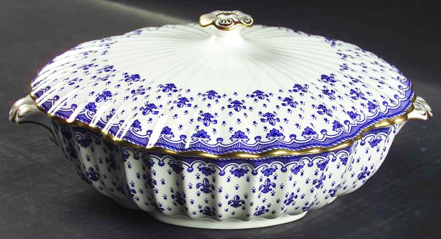 Fleur de Lys Blue (Bone, Gold Trim) Round Covered Vegetable by Spode-1