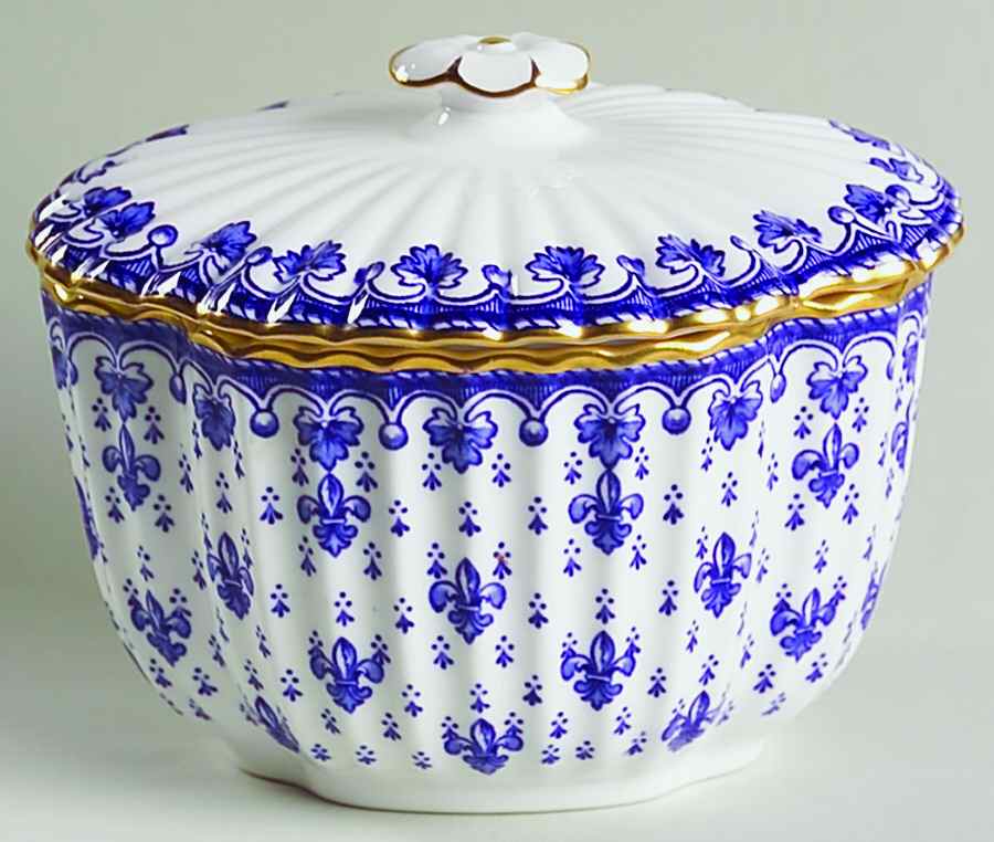Fleur de Lys Blue (Bone, Gold Trim) Sugar Bowl & Lid by Spode-1
