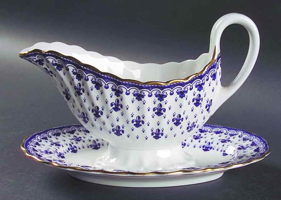 Fleur de Lys Blue (Bone, Gold Trim) Gravy Boat & Underplate/Relish by Spode-1