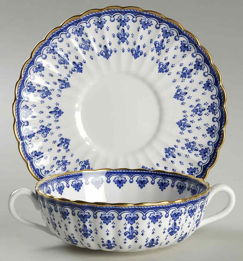 Fleur de Lys Blue (Bone, Gold Trim) Flat Cream Soup Bowl & Saucer Set by Spode-1