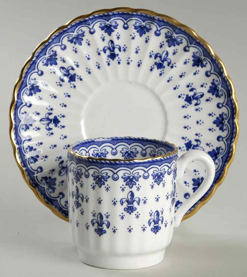 Fleur de Lys Blue (Bone, Gold Trim) Flat Demitasse Cup & Saucer Set by Spode-1