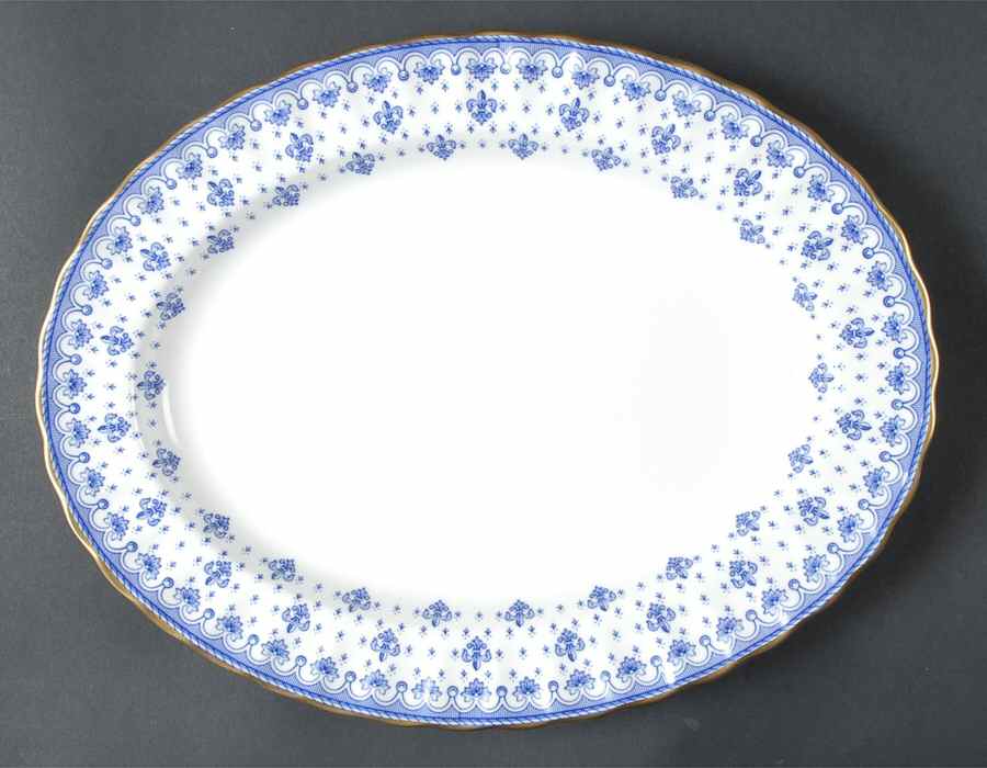 Fleur de Lys Blue (Bone, Gold Trim) 12" Oval Serving Platter by Spode-1