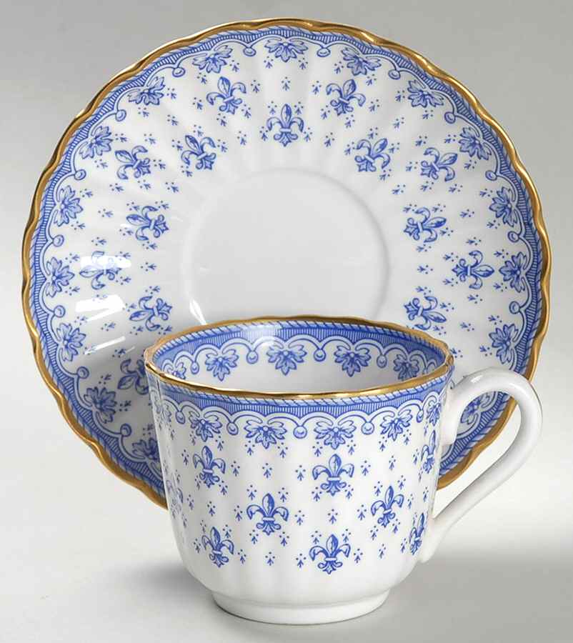 Fleur de Lys Blue (Bone, Gold Trim) Flat Cup & Saucer Set by Spode-1