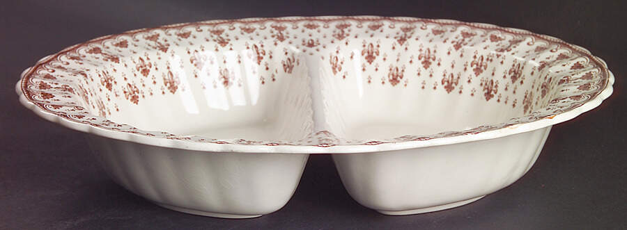 Fleur de Lys Brown (Earthenware, No Trim) 11" Oval Divided Vegetable Bowl by Spode-1