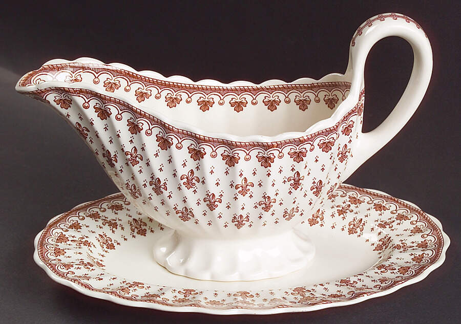 Fleur de Lys Brown (Earthenware, No Trim) Gravy Boat & Underplate/Relish by Spode-1