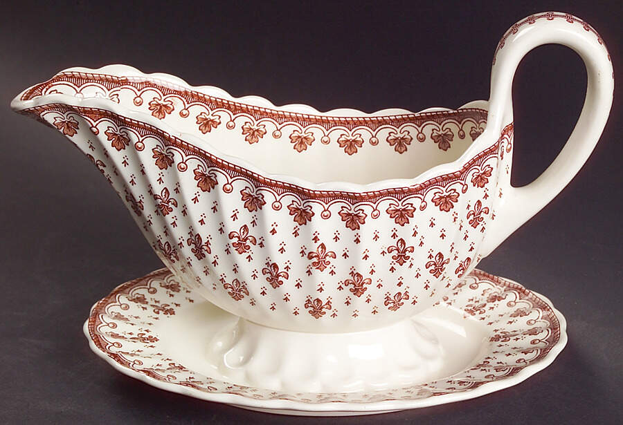 Fleur de Lys Brown (Earthenware, No Trim) Gravy Boat with Attached Underplate by Spode-1
