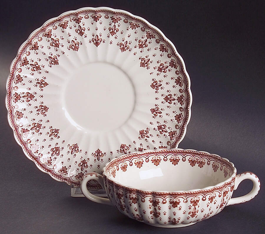 Fleur de Lys Brown (Earthenware, No Trim) Flat Cream Soup Bowl & Saucer Set by Spode-1