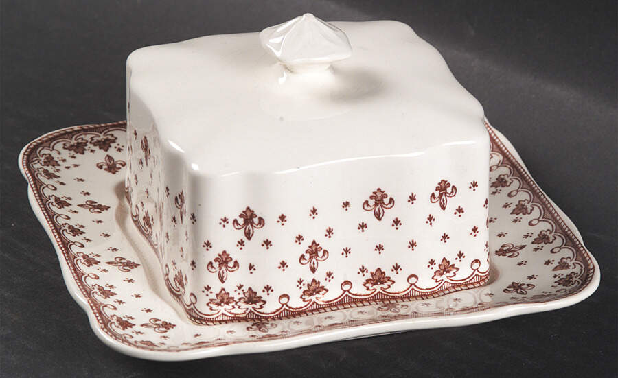 Fleur de Lys Brown (Earthenware, No Trim) Square Covered Butter by Spode-1