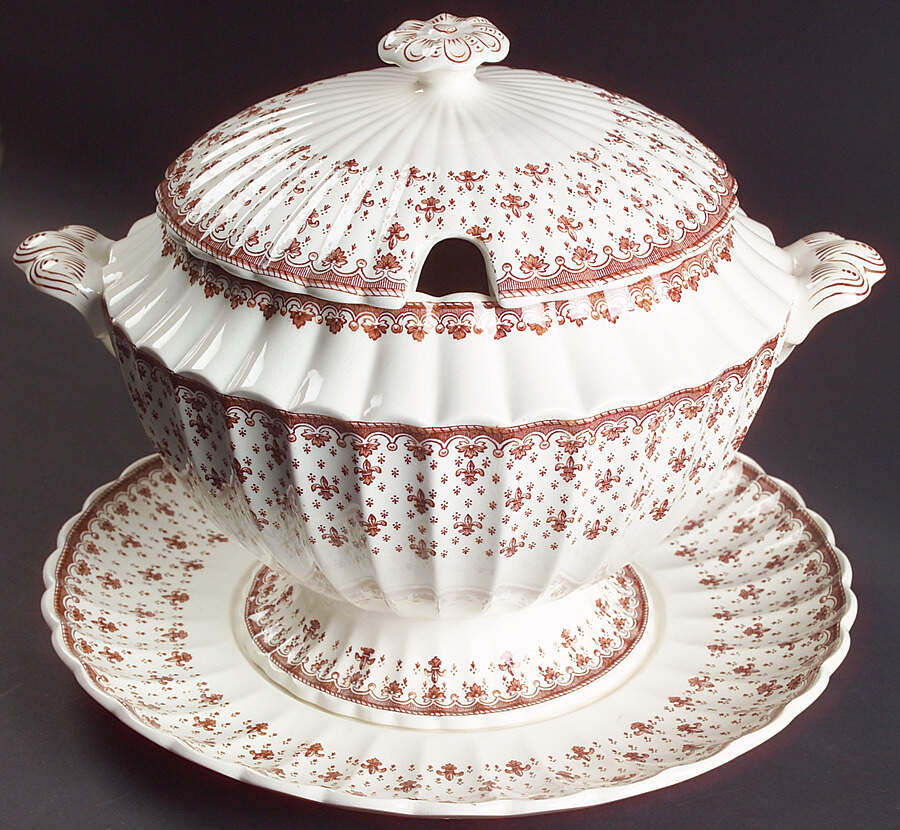 Fleur de Lys Brown (Earthenware, No Trim) Tureen & Lid w/Underplate by Spode-1
