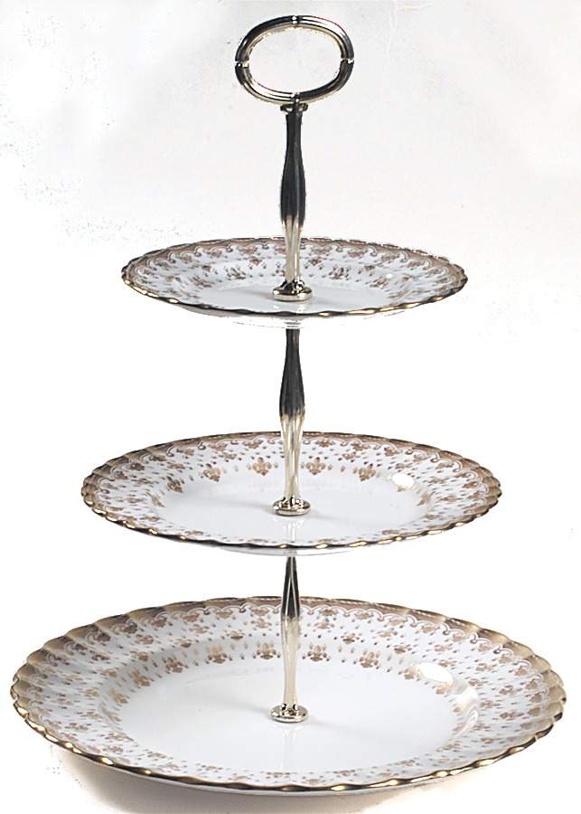 Fleur de Lys Gold (Bone, Gold Trim) 13 7/8"-14 1/4" 3-Tiered Serving Tray(DP,SP,BB) HC by Spode-1