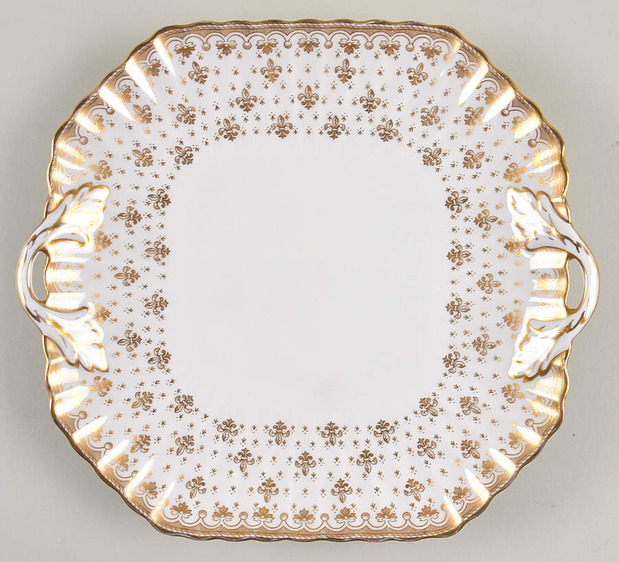 Fleur de Lys Gold (Bone, Gold Trim) Square Handled Cake Plate by Spode-1