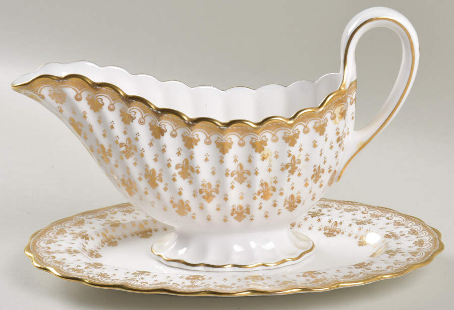 Fleur de Lys Gold (Bone, Gold Trim) Gravy Boat & Underplate by Spode-1