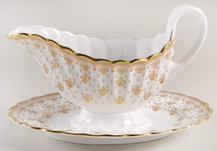 Fleur de Lys Gold (Bone, Gold Trim) Gravy Boat with Attached Underplate by Spode-1