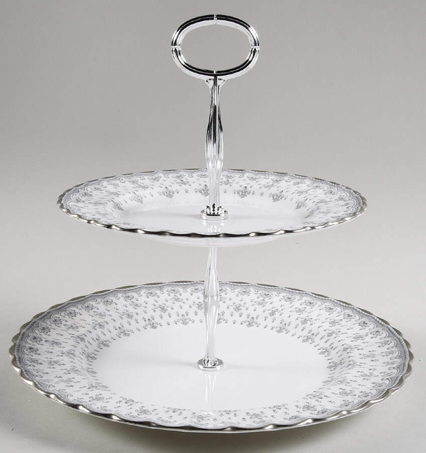 Fleur de Lys Grey (Bone, Platinum Trim) 6 5/8"-10"  2 Tiered Serving Tray (Dp, Sp) HC by Spode-1