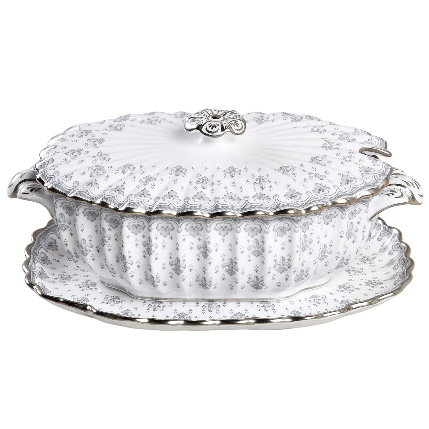 Fleur de Lys Grey (Bone, Platinum Trim) Sauce Boat & Lid with Underplate by Spode-1
