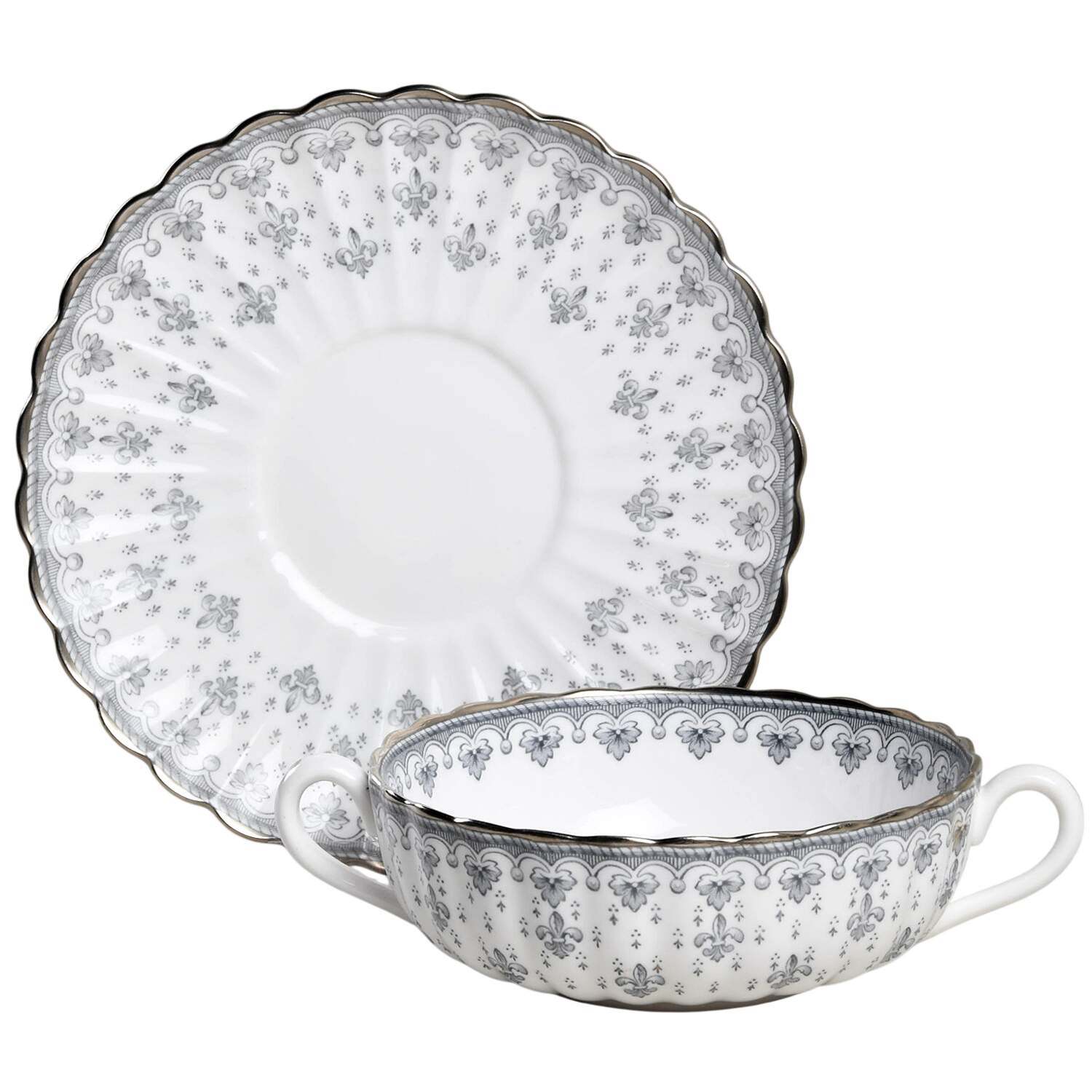Fleur de Lys Grey (Bone, Platinum Trim) Flat Cream Soup Bowl & Saucer Set by Spode-1