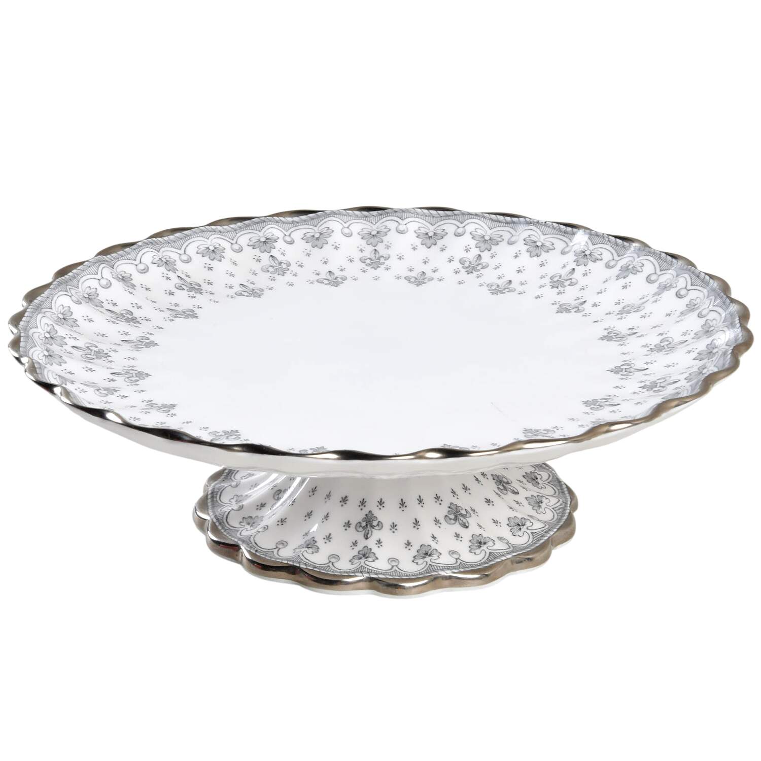 Fleur de Lys Grey (Bone, Platinum Trim) 8" Diameter Pedestal Cake Stand by Spode-1
