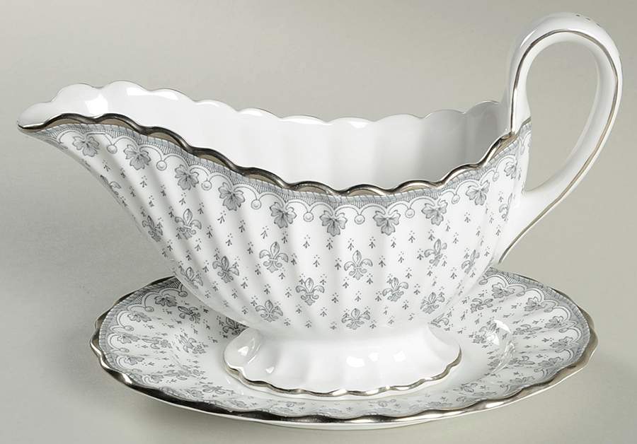 Fleur de Lys Grey (Bone, Platinum Trim) Gravy Boat & Underplate/Relish by Spode-1