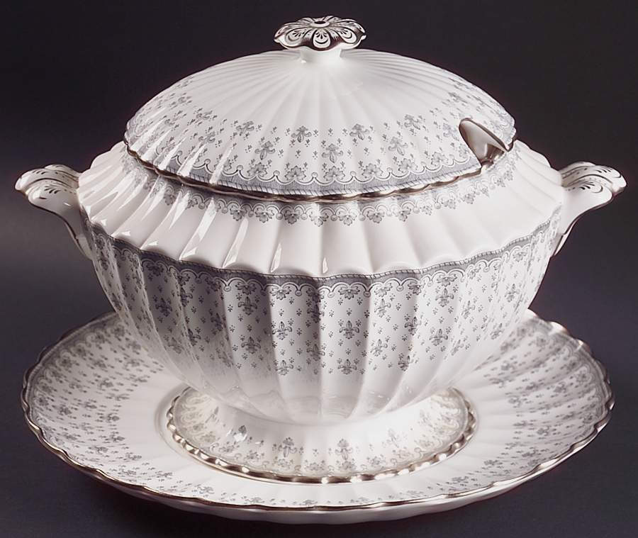 Fleur de Lys Grey (Bone, Platinum Trim) Tureen & Lid w/Underplate by Spode-1