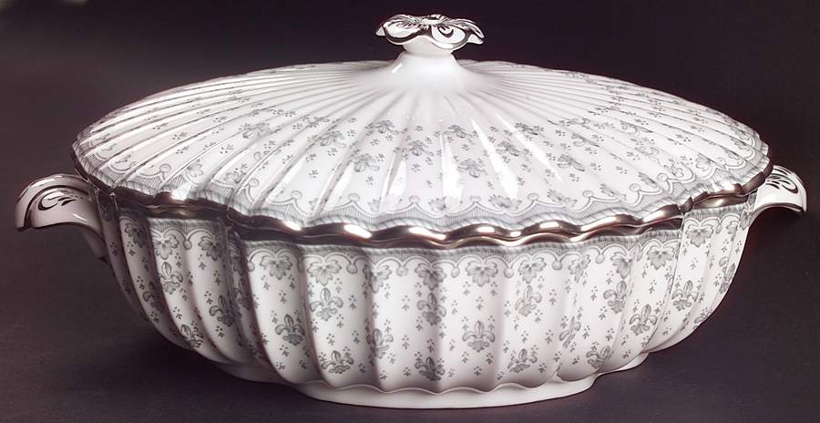 Fleur de Lys Grey (Bone, Platinum Trim) Round Covered Vegetable by Spode-1