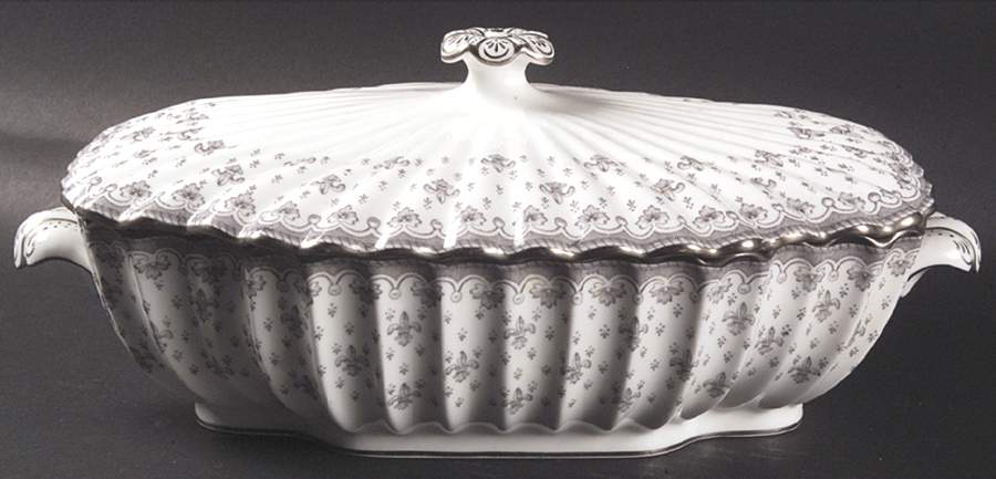 Fleur de Lys Grey (Bone, Platinum Trim) Oval Covered Vegetable by Spode-1