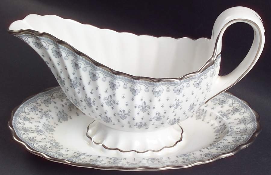 Fleur de Lys Grey (Bone, Platinum Trim) Gravy Boat with Attached Underplate by Spode-1