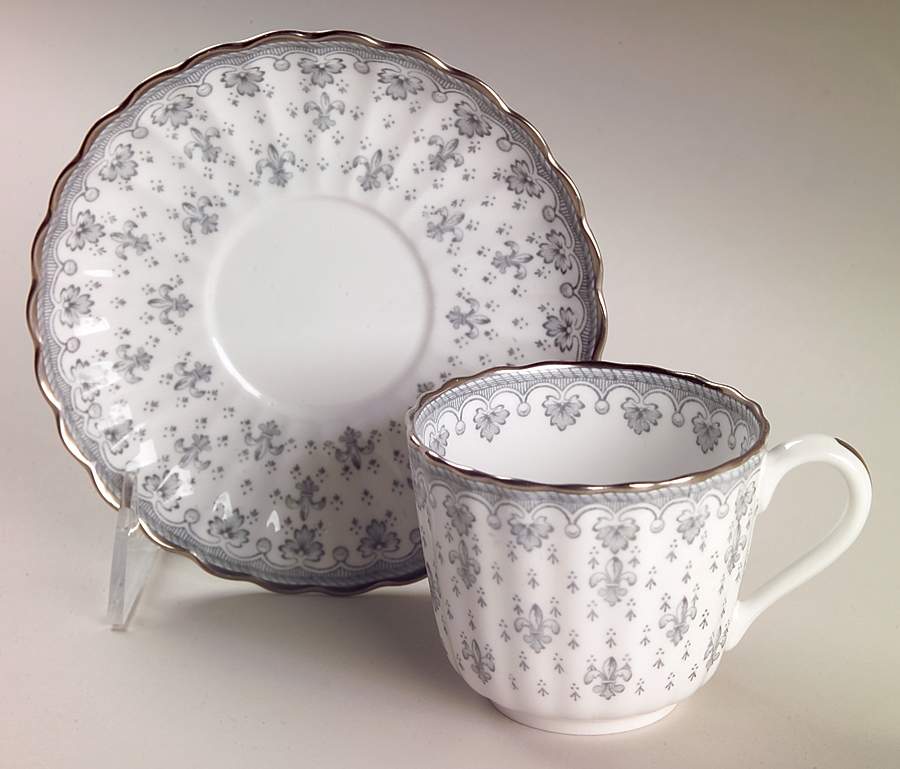 Fleur de Lys Grey (Bone, Platinum Trim) Flat Cup & Saucer Set by Spode-1