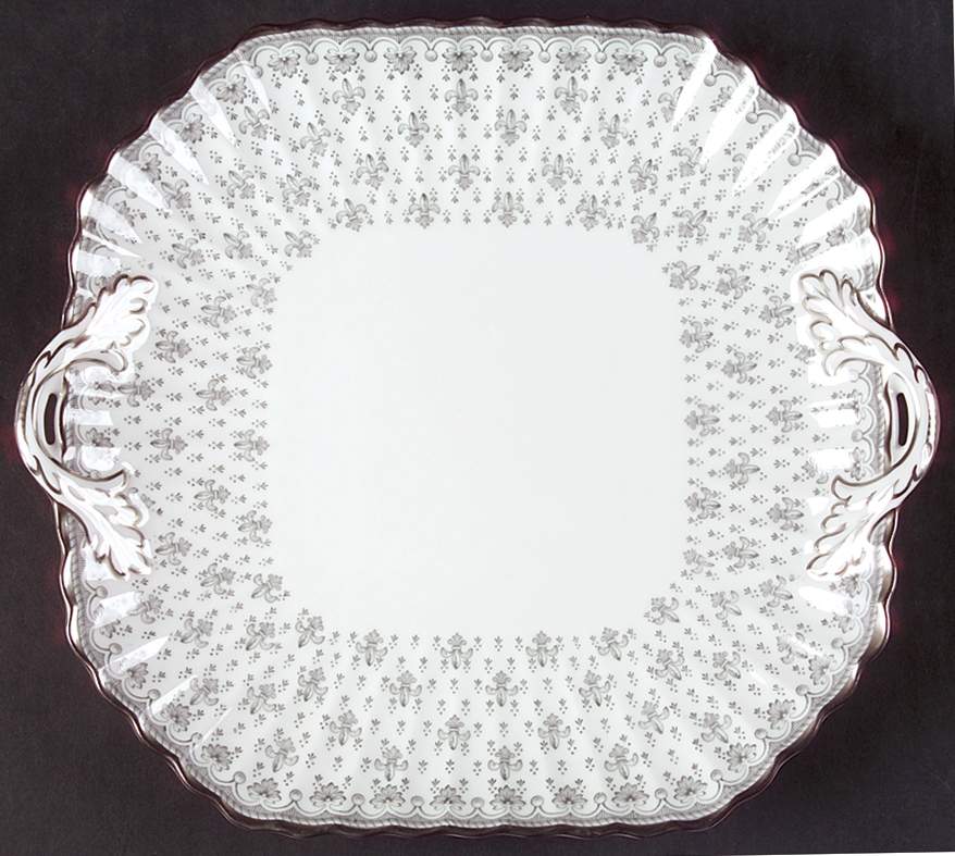 Fleur de Lys Grey (Bone, Platinum Trim) Square Handled Cake Plate by Spode-1