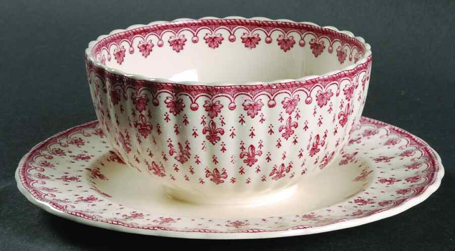 Fleur de Lys Red (Earthenware, No Trim) Gravy Boat with Attached Underplate by Spode-1
