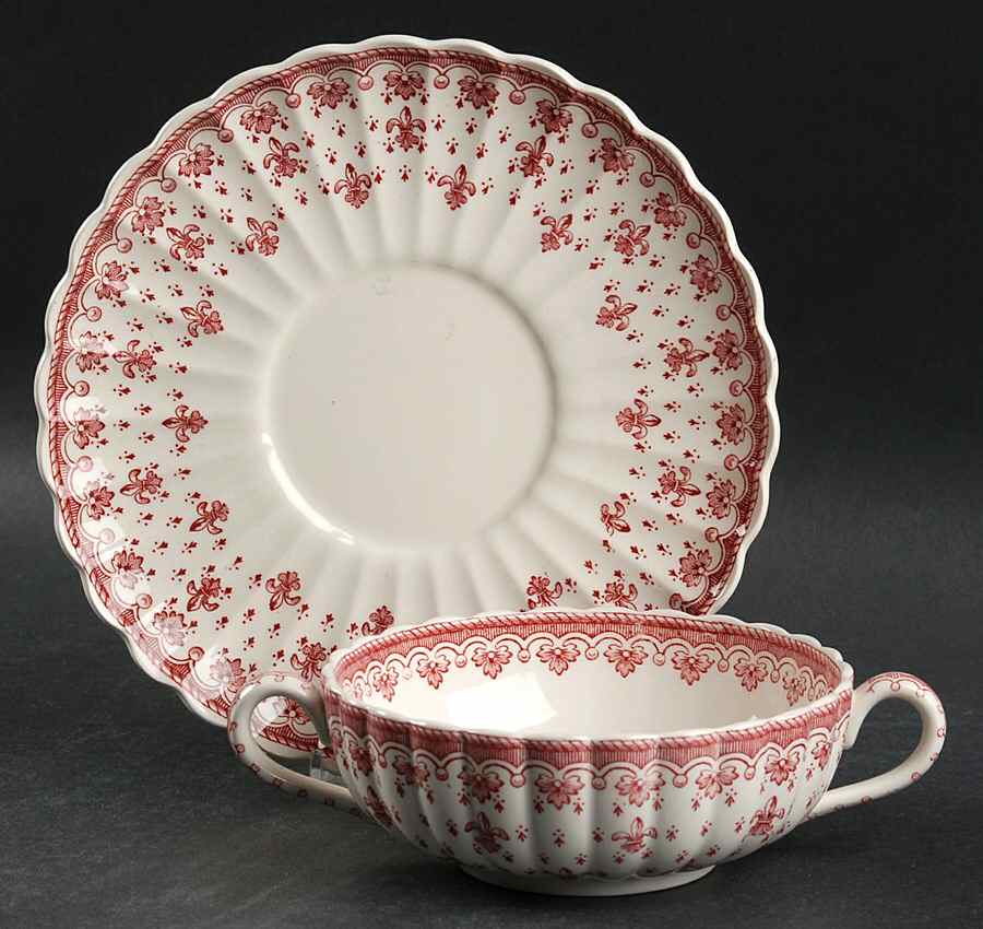 Fleur de Lys Red (Earthenware, No Trim) Flat Cream Soup Bowl & Saucer Set by Spode-1